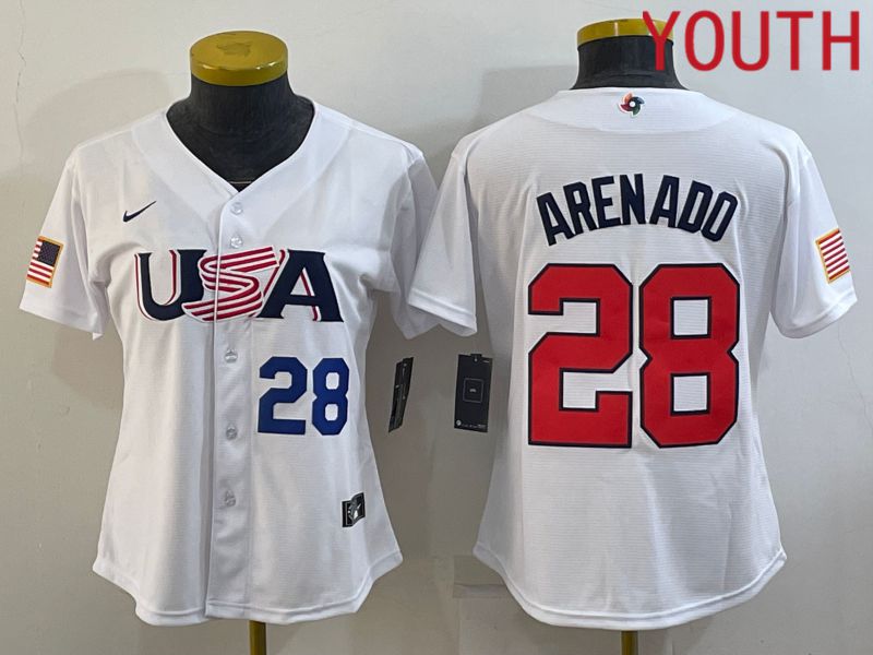 Youth 2023 World Cub USA #28 Arenado White MLB Jersey5